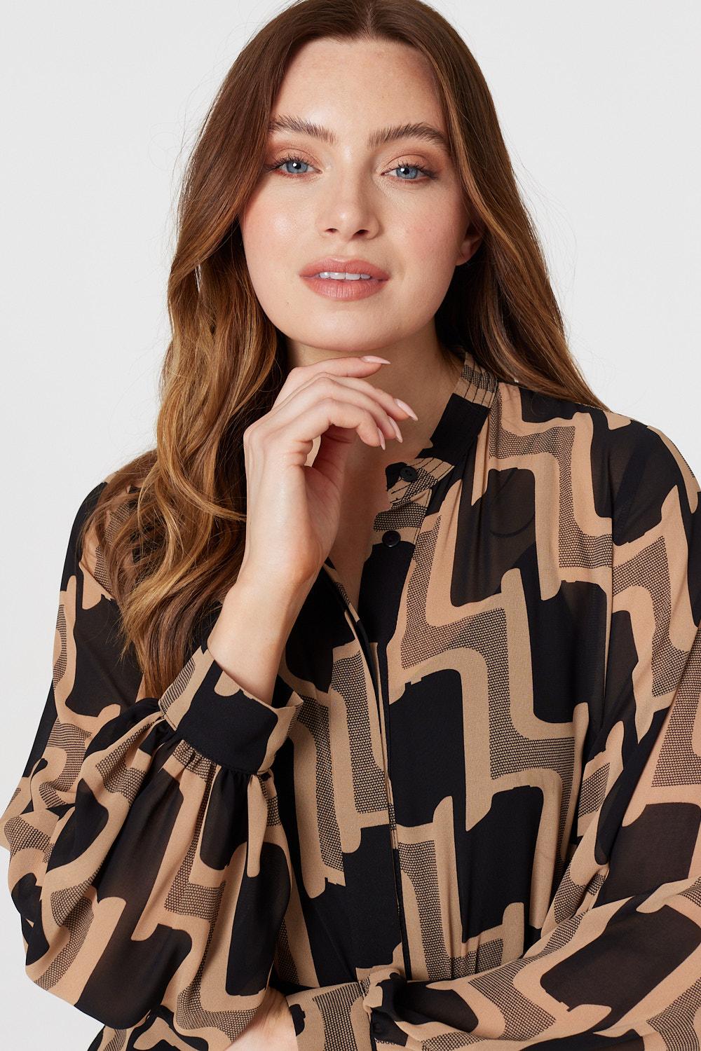 Beige | Geo Print Long Sleeve Shirt Dress
