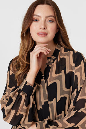 Beige | Geo Print Long Sleeve Shirt Dress