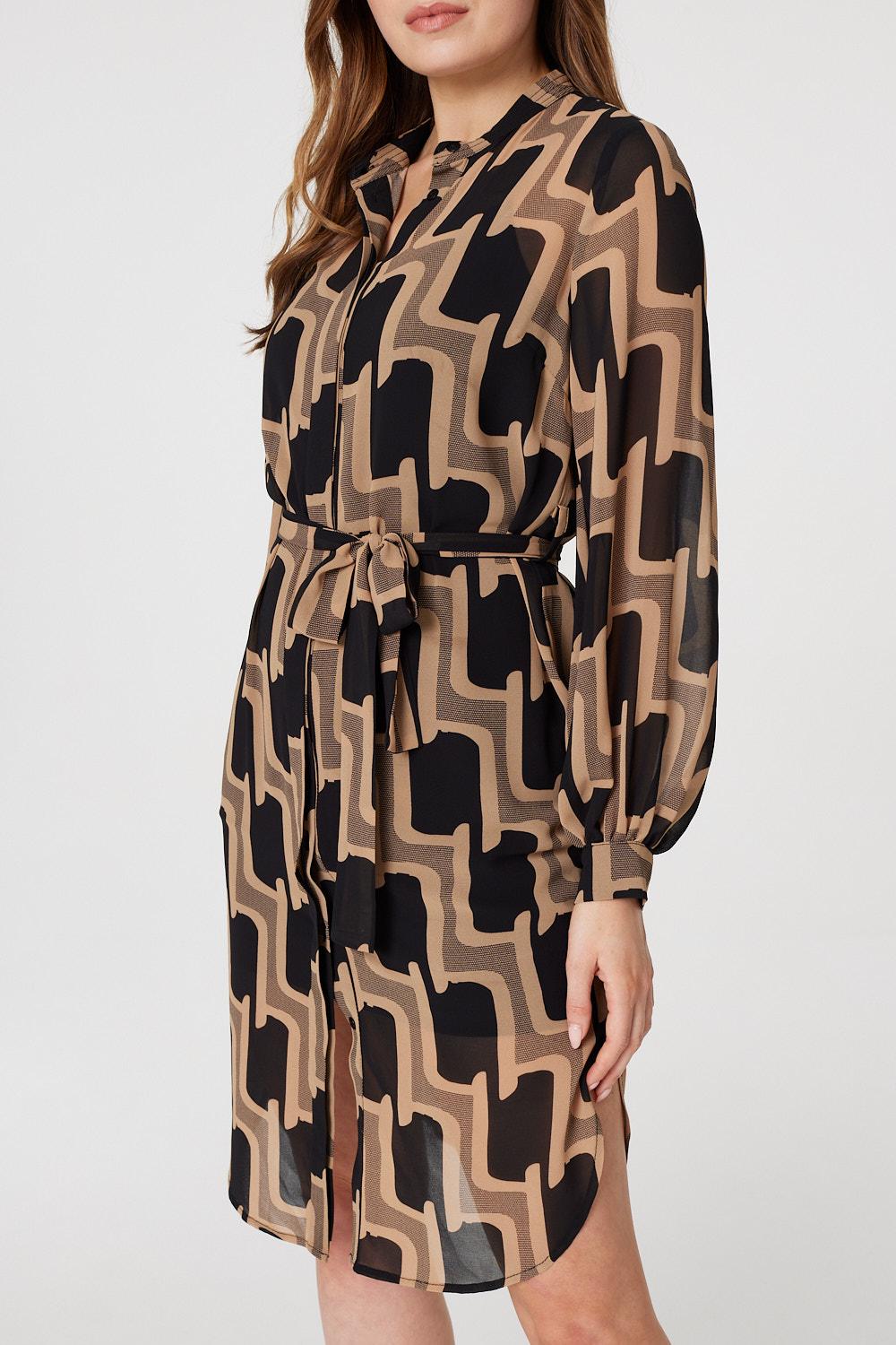 Beige | Geo Print Long Sleeve Shirt Dress