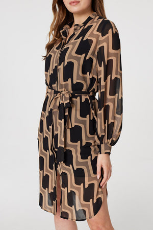 Beige | Geo Print Long Sleeve Shirt Dress
