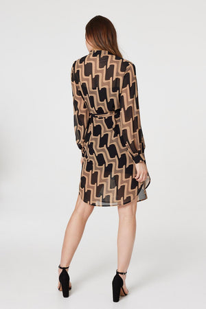 Beige | Geo Print Long Sleeve Shirt Dress