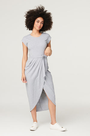 Grey | Tie Waist Jersey Tulip Midi Dress