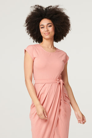 Pink | Tie Waist Jersey Tulip Midi Dress