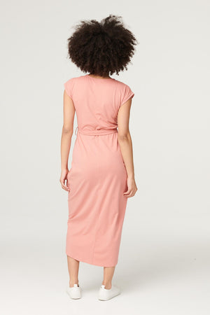 Pink | Tie Waist Jersey Tulip Midi Dress