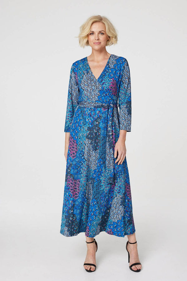 Blue | Peacock Print Wrap Maxi Dress