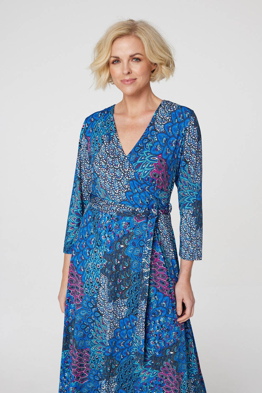 Blue | Peacock Print Wrap Maxi Dress