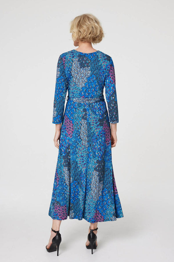 Blue | Peacock Print Wrap Maxi Dress