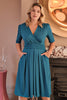 Turquoise | Ruched Waist Jersey Wrap Dress : Model is 5'8
