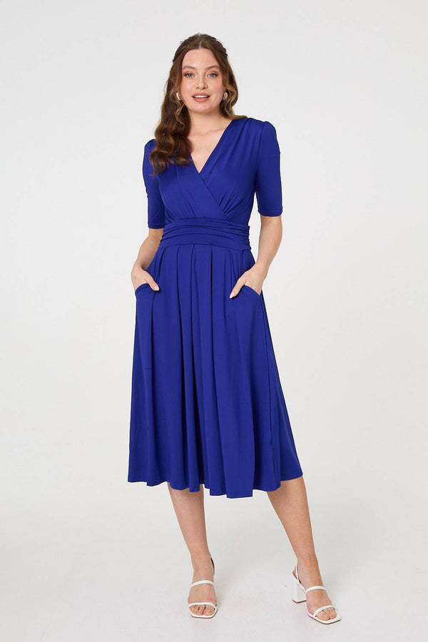 Blue | Ruched Waist Jersey Wrap Dress
