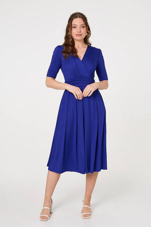 Blue | Ruched Waist Jersey Wrap Dress : Model is 5'9