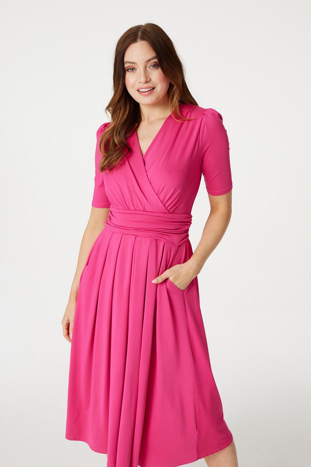 Pink | Ruched Waist Jersey Wrap Dress : Model is 5'9"/175 cm and wears UK8/EU36/US4/AUS8