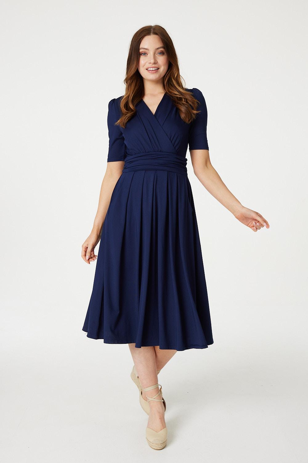 Navy | Ruched Waist Jersey Wrap Dress