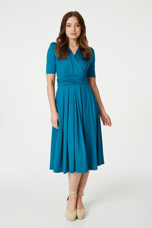 Turquoise | Ruched Waist Jersey Wrap Dress : Model is 5'9"/175 cm and wears UK8/EU36/US4/AUS8