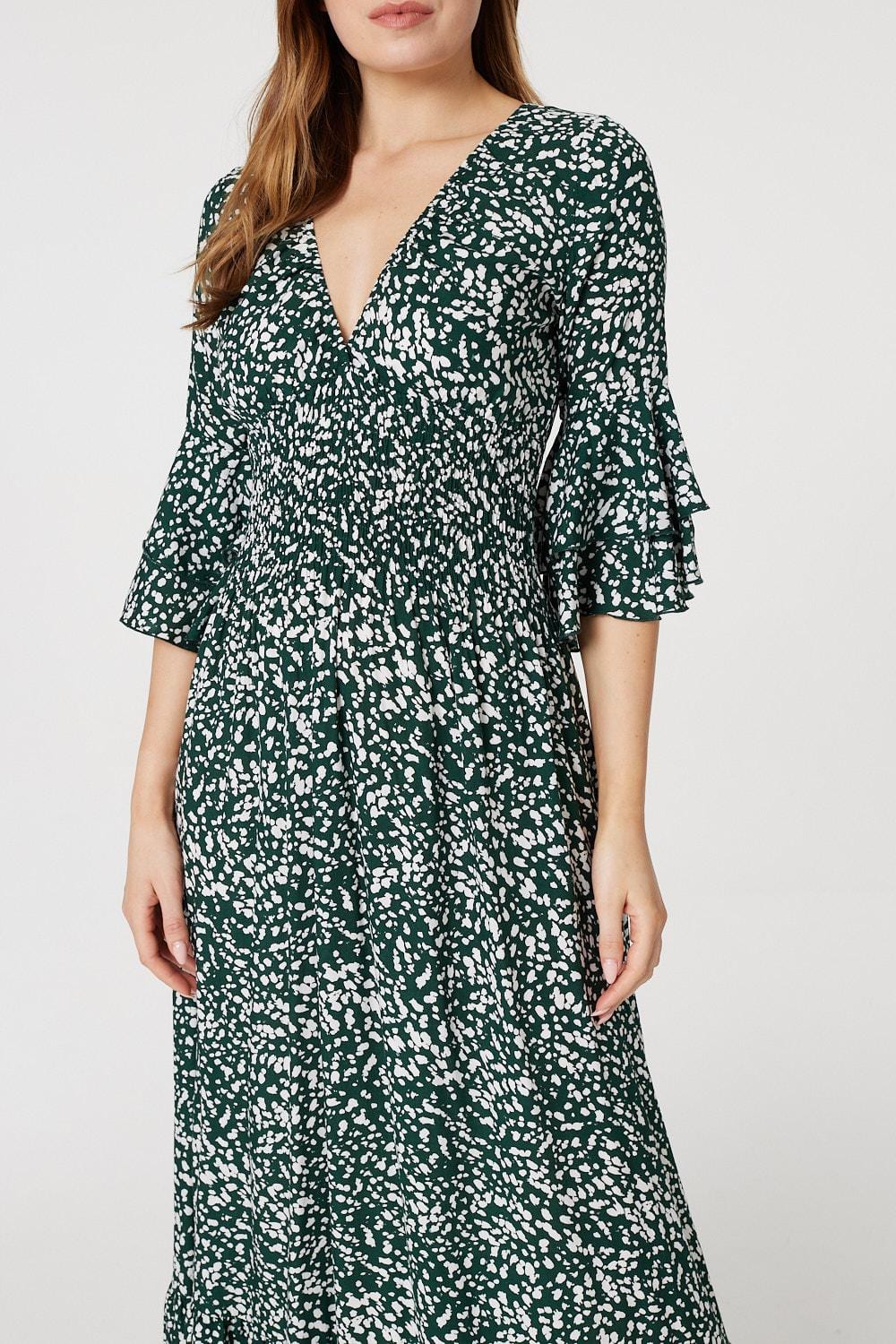Green | Printed Flare Sleeve Maxi Dress