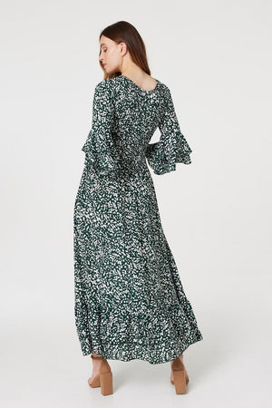 Green | Printed Flare Sleeve Maxi Dress