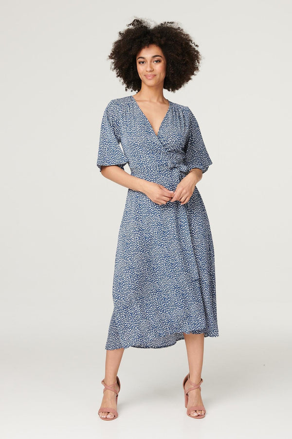 Navy | Printed Tie Waist Wrap Midi Dress