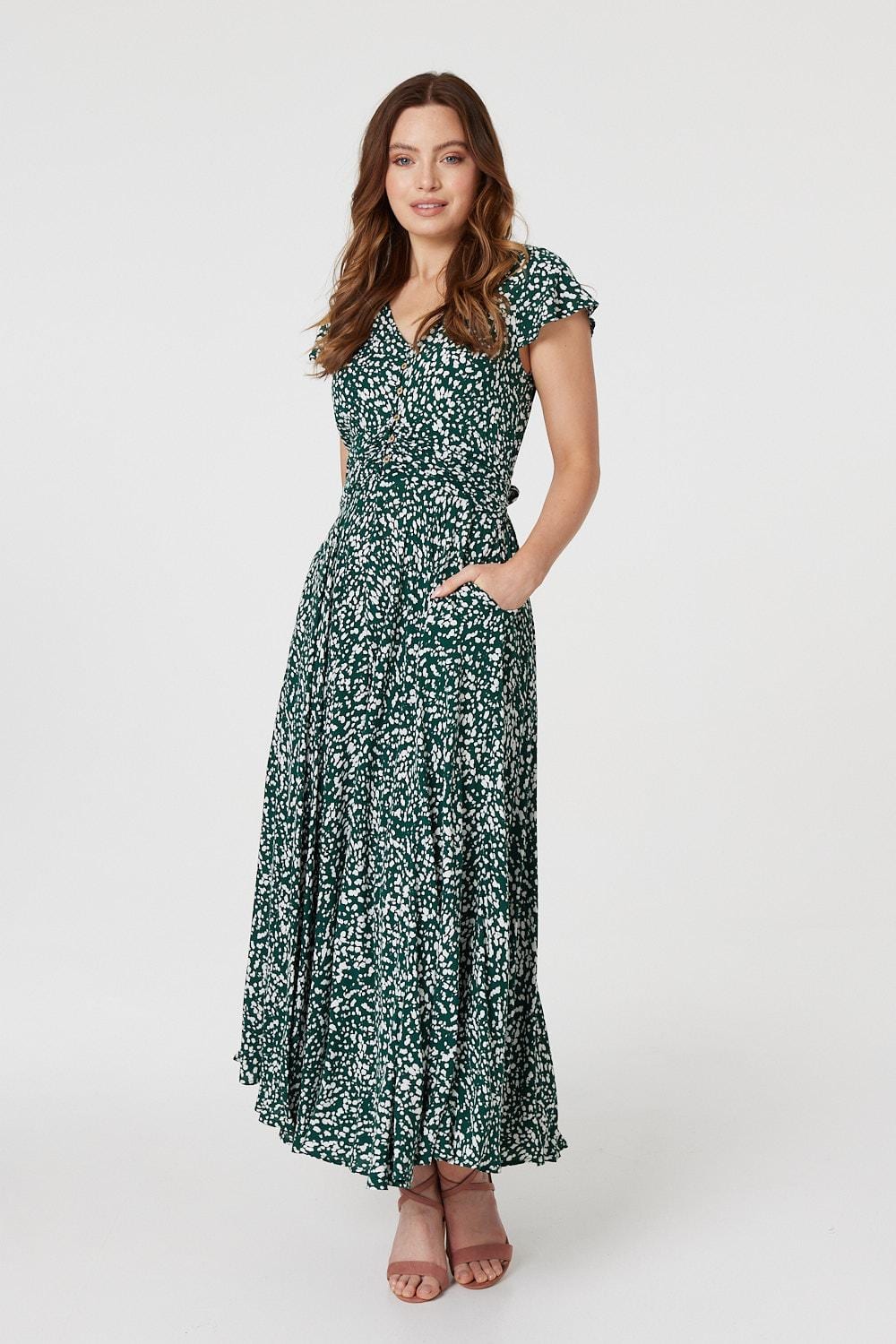 Green | Printed Ruched Waist Maxi Dress
