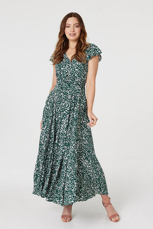 Green | Printed Ruched Waist Maxi Dress