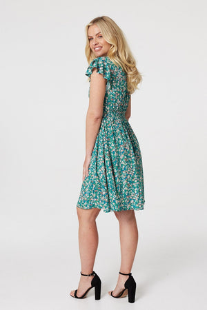 Green | Floral Ruffle Sleeve Skater Dress