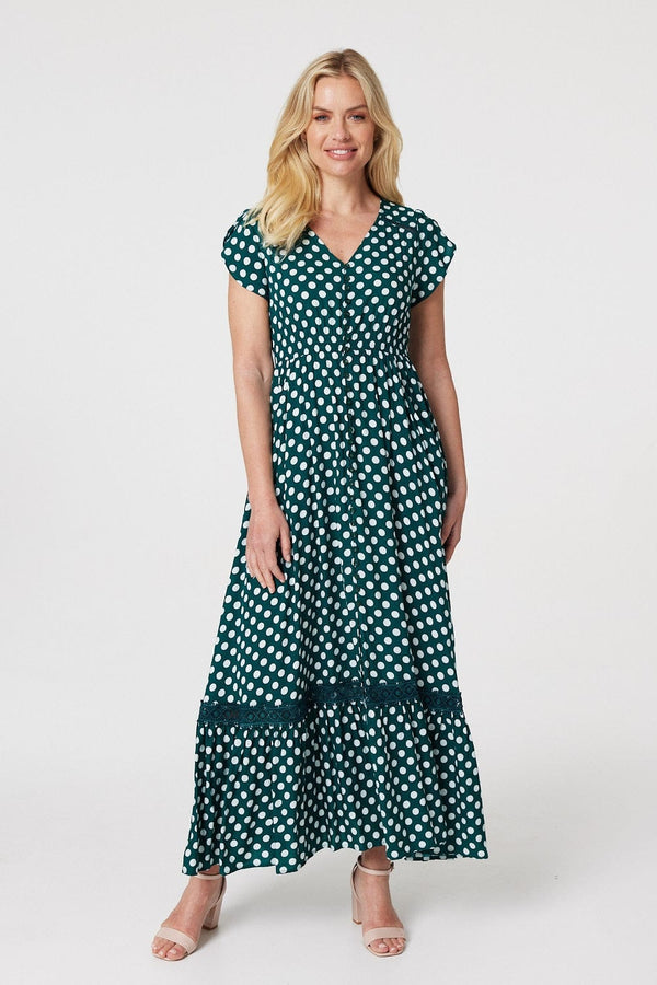 Green | Polka Dot Lace Trim Maxi Dress 