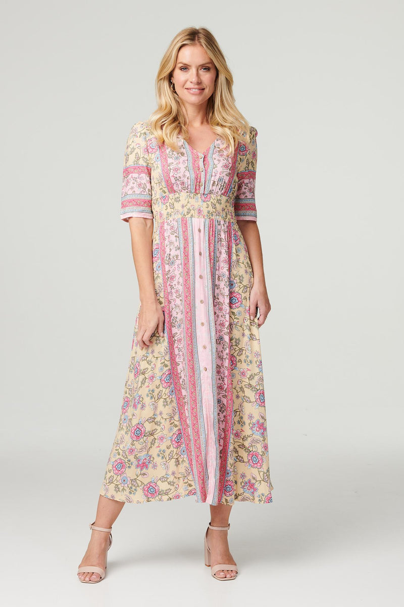 Pink | Floral Border V-Neck Maxi Dress