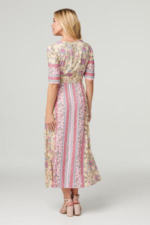 Pink | Floral Border V-Neck Maxi Dress