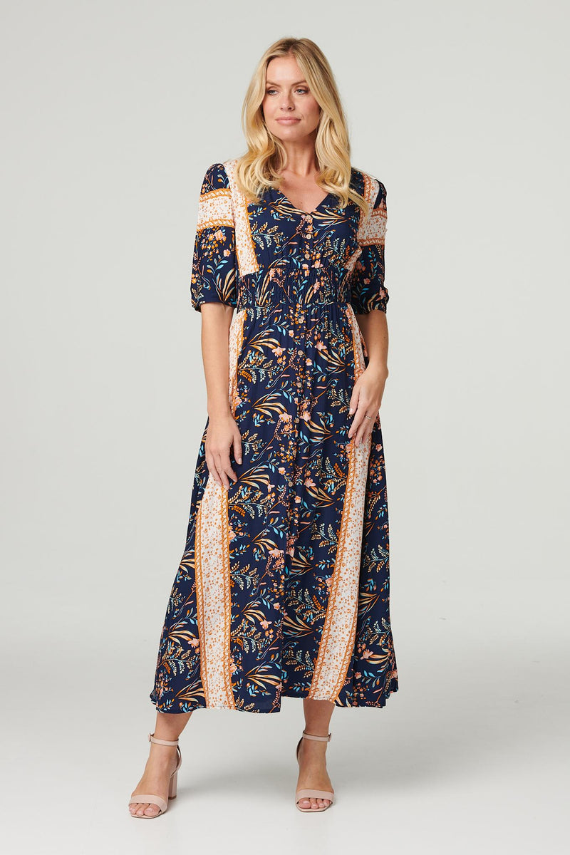 Navy | Printed 1/2 Sleeve Maxi Dress