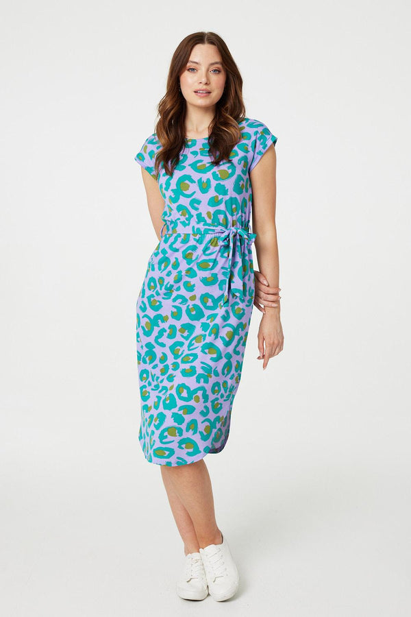 Purple | Animal Print Cap Sleeve Jersey Dress