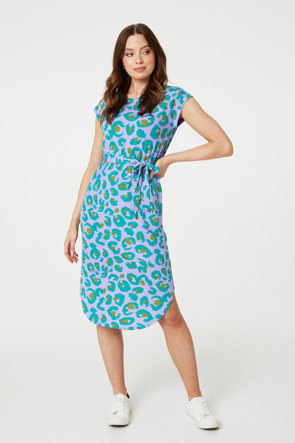 Purple | Animal Print Cap Sleeve Jersey Dress
