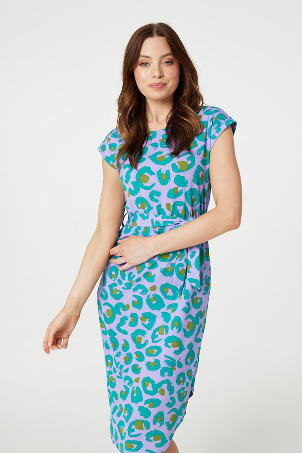 Purple | Animal Print Cap Sleeve Jersey Dress