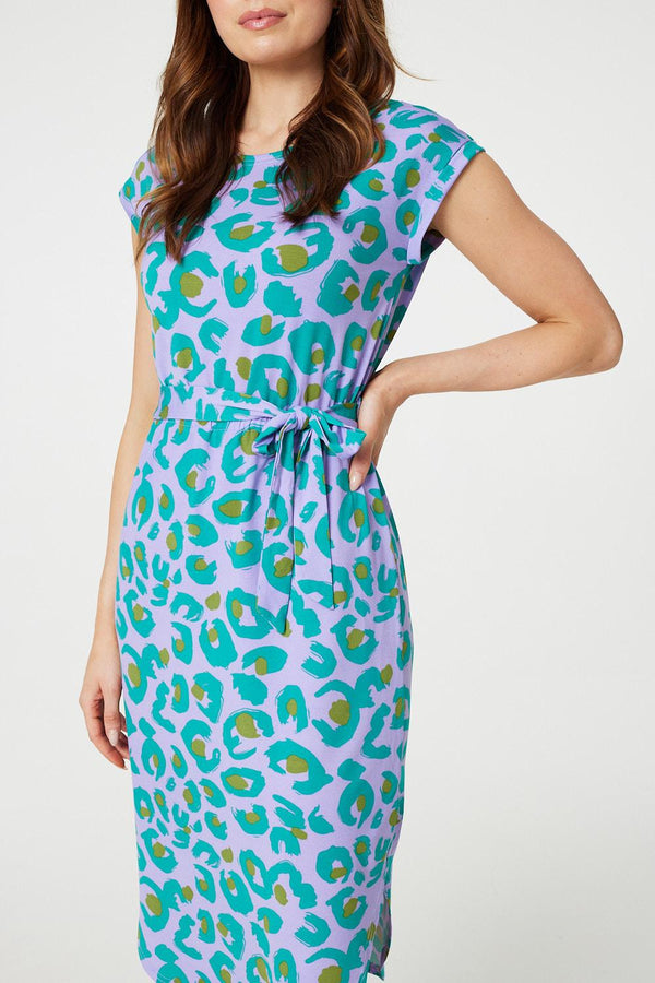 Purple | Animal Print Cap Sleeve Jersey Dress