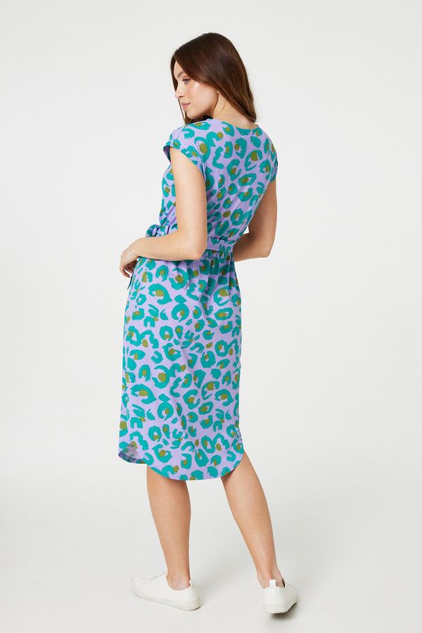 Purple | Animal Print Cap Sleeve Jersey Dress