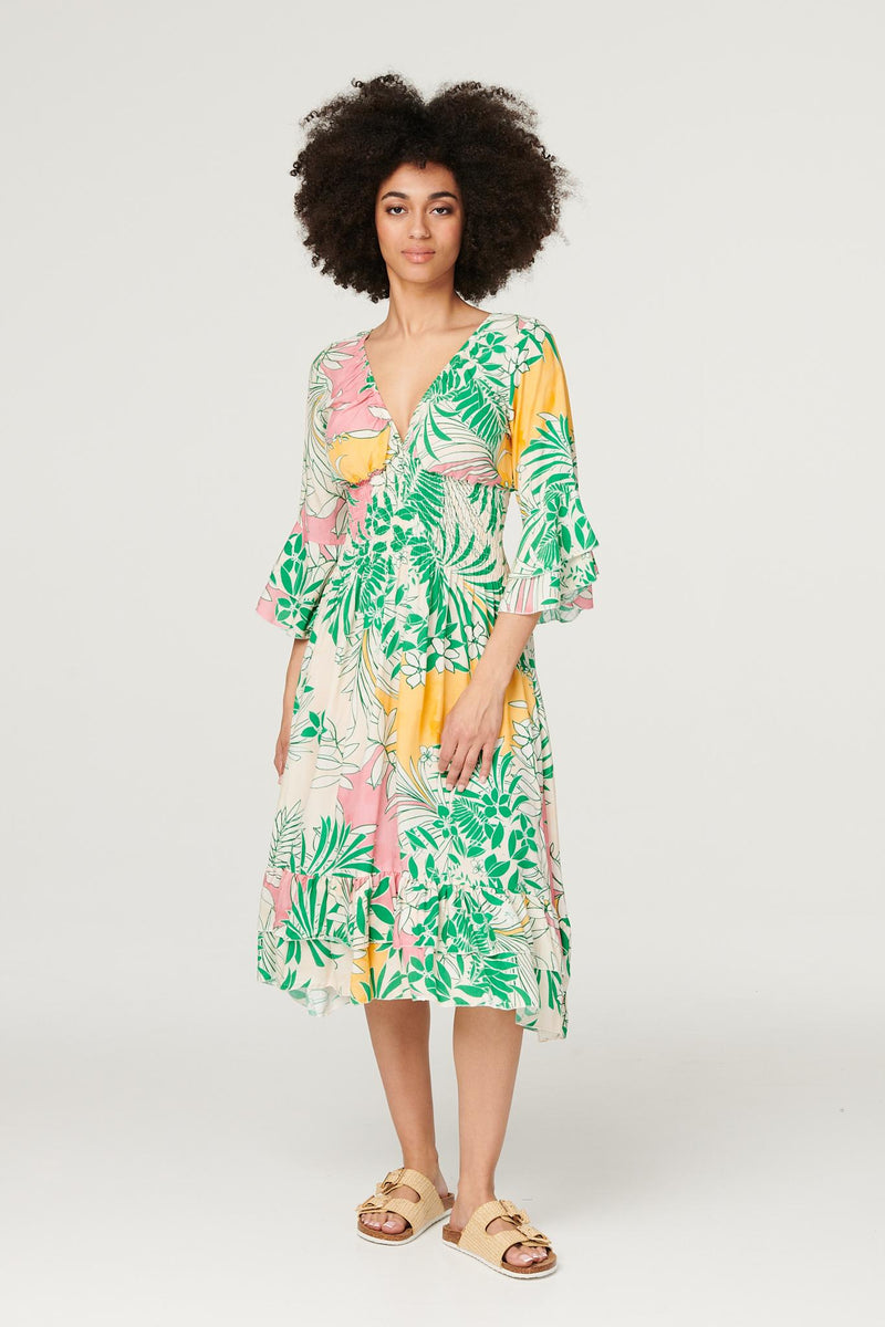 Green | Floral Flare Sleeve Midi Dress