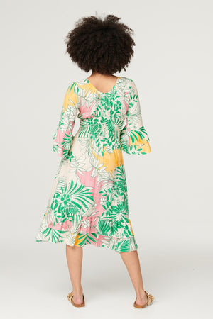 Green | Floral Flare Sleeve Midi Dress