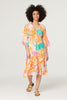 Orange | Floral Flare Sleeve Midi Dress