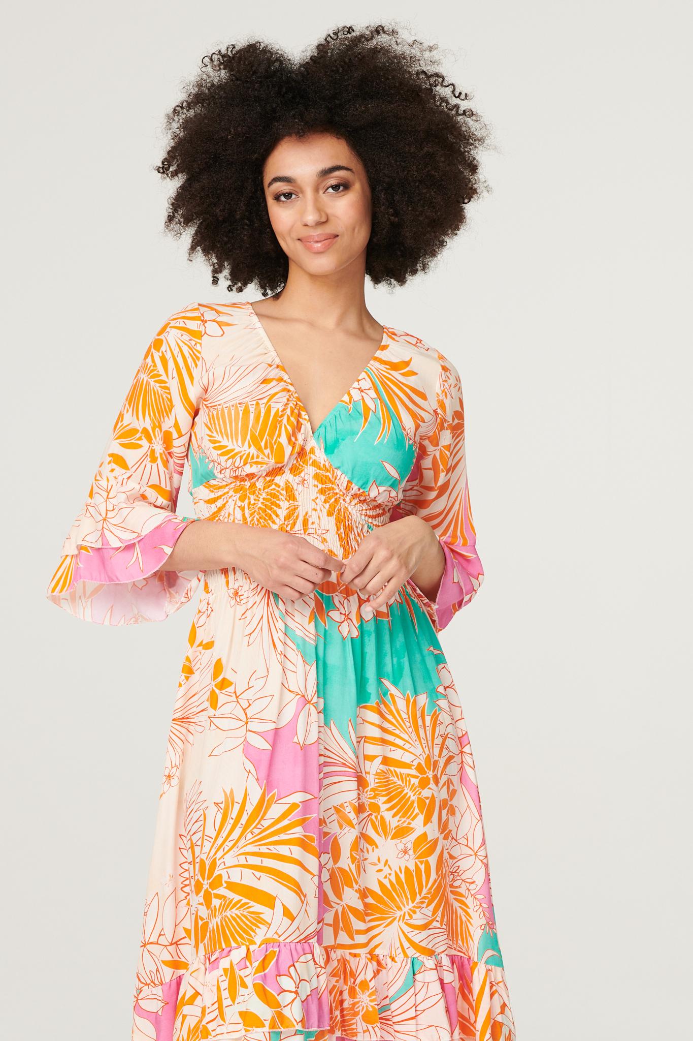 Orange | Floral Flare Sleeve Midi Dress