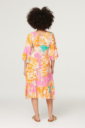 Orange | Floral Flare Sleeve Midi Dress