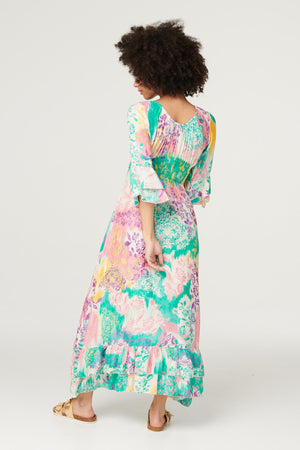 Green | Floral Flute Sleeve Maxi Dress