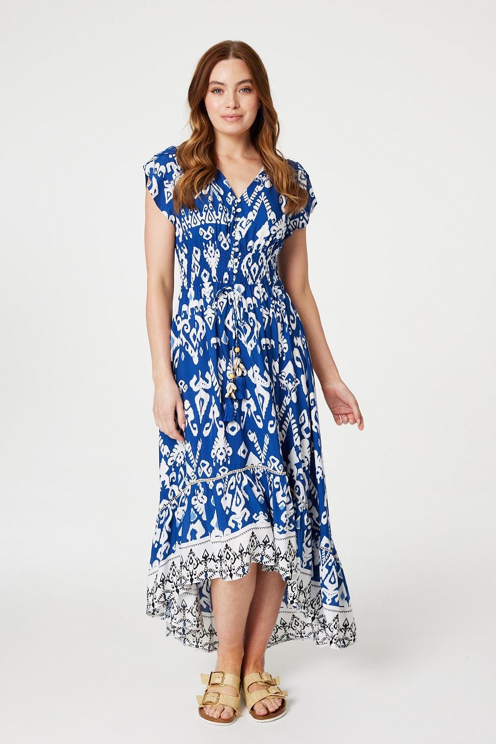 Navy | Ikat Print High Low Maxi Dress