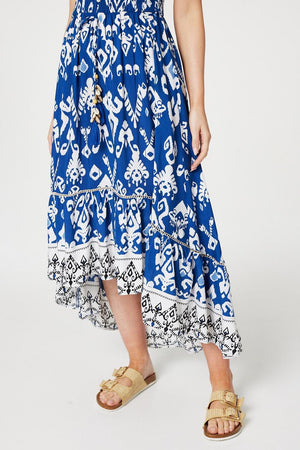 Navy | Ikat Print High Low Maxi Dress