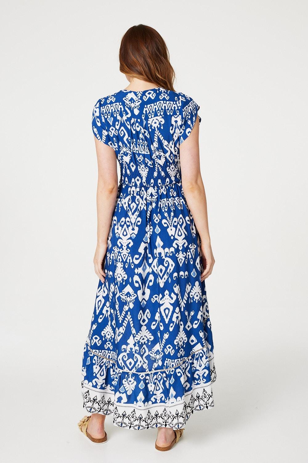 Navy | Ikat Print High Low Maxi Dress