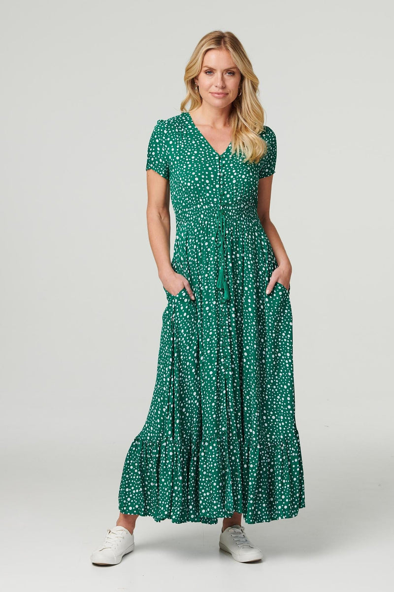 Green | Polka Dot Drawstring Maxi Dress