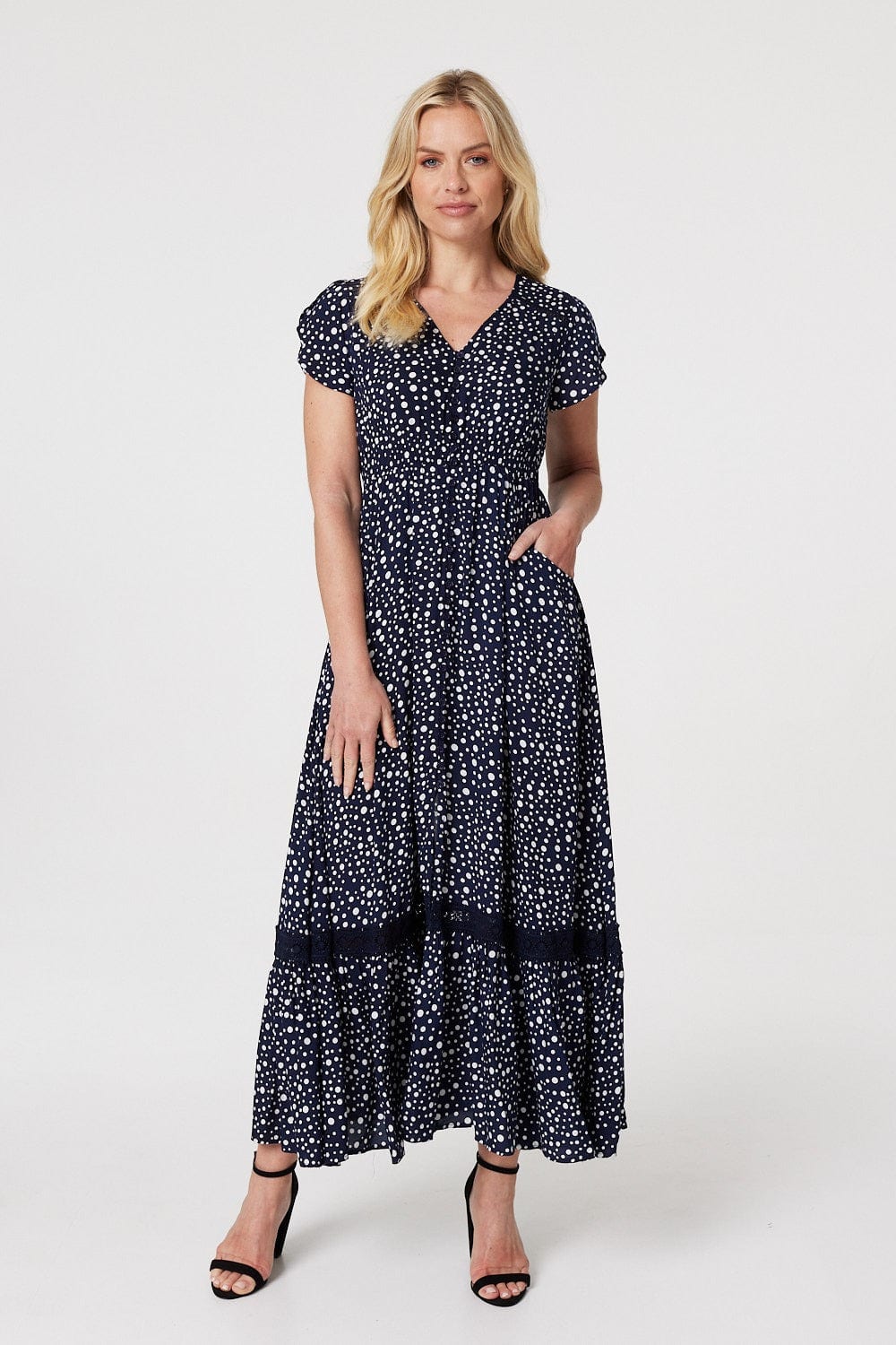 Navy | Polka Dot Maxi Dress with Pockets