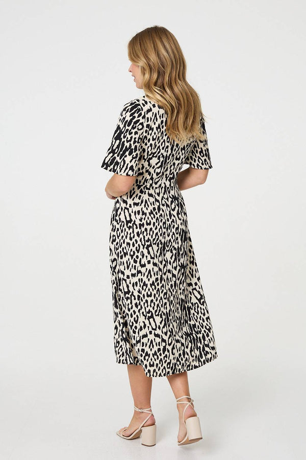 Black | Animal Print 1/2 Flare Sleeve Midi Dress
