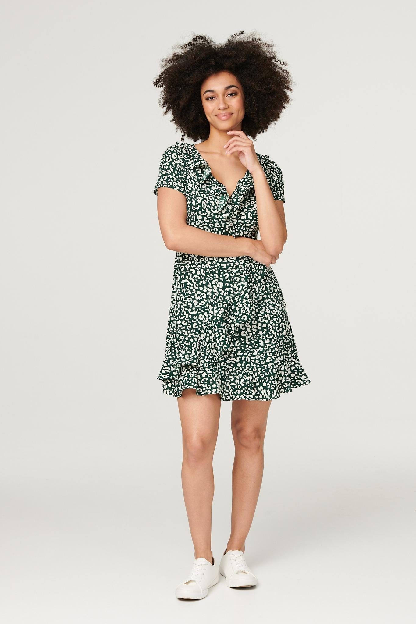 Green | Printed Frilled Mini Wrap Dress
