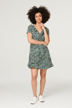 Green | Printed Frilled Mini Wrap Dress