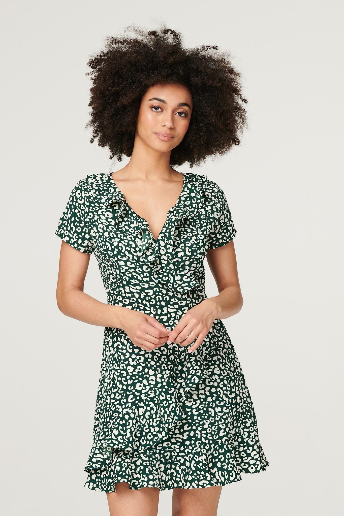Green | Printed Frilled Mini Wrap Dress