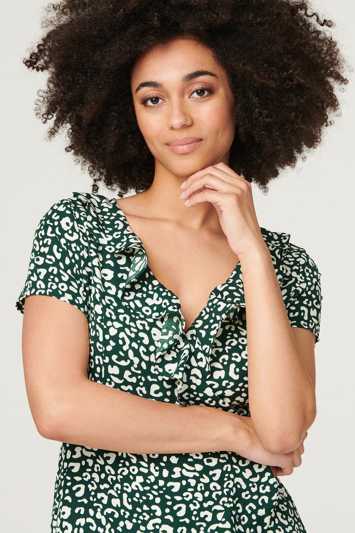 Green | Printed Frilled Mini Wrap Dress