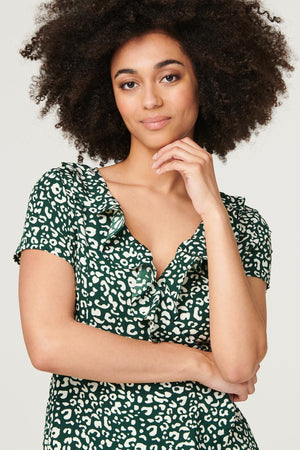 Green | Printed Frilled Mini Wrap Dress