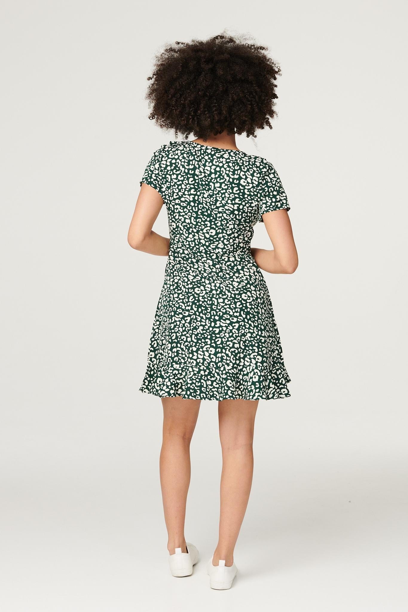 Green | Printed Frilled Mini Wrap Dress